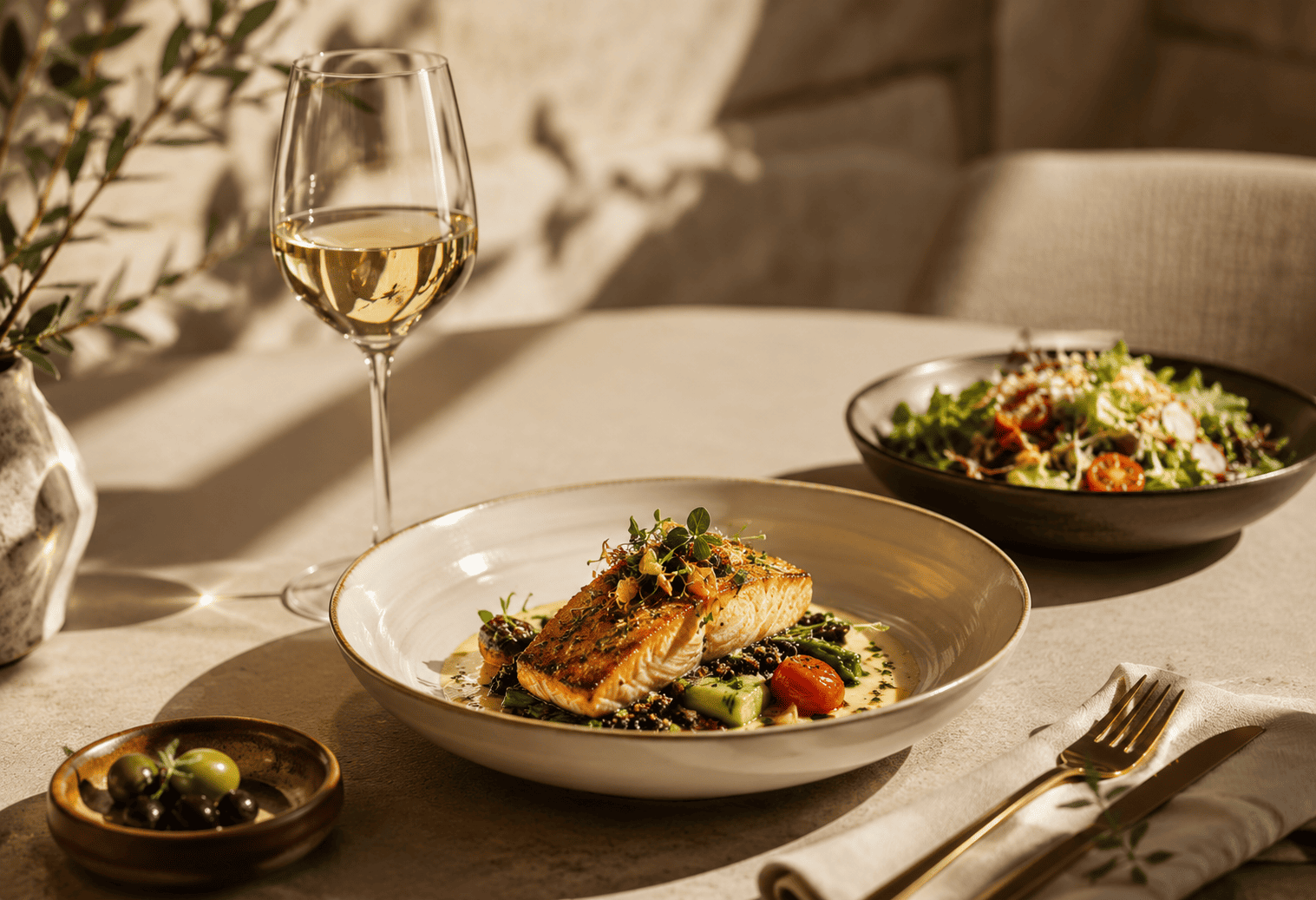 Salmon Dish and White Wine